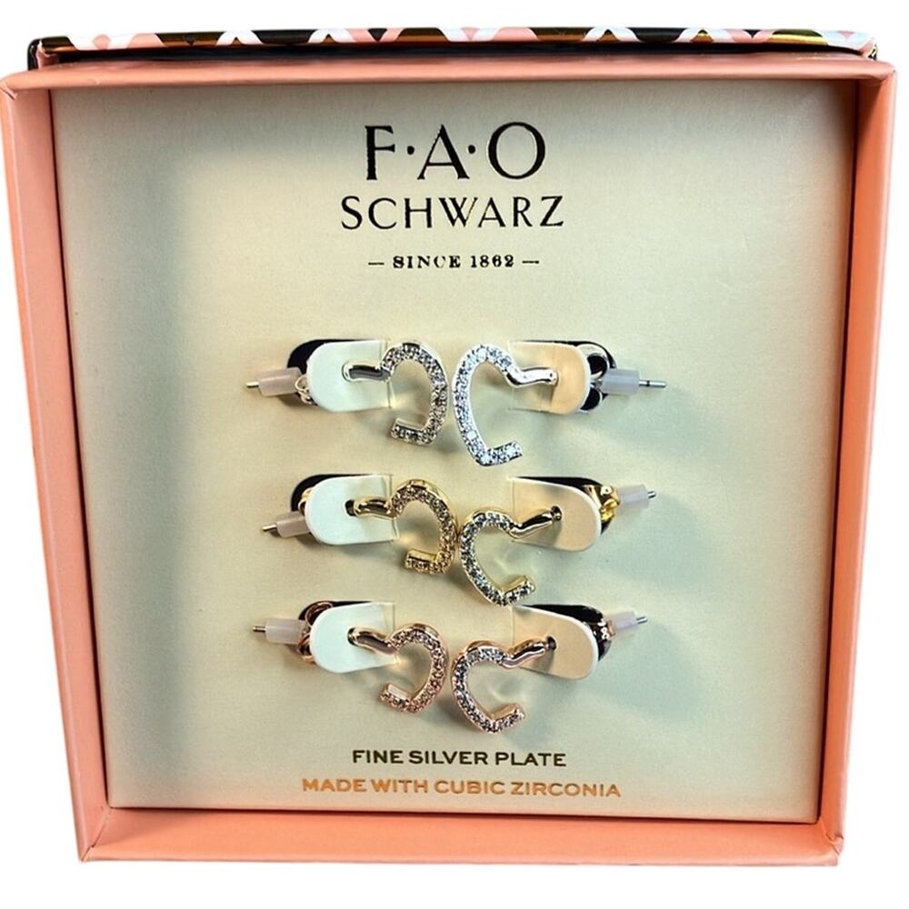 FAO Schwarz Pave Cubic Zirconia Heart Hoop Trio Earring Set MSRP $50